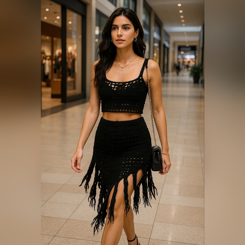 Source Unknown Black Crochet Two-Piece Set with Fringe Skirt